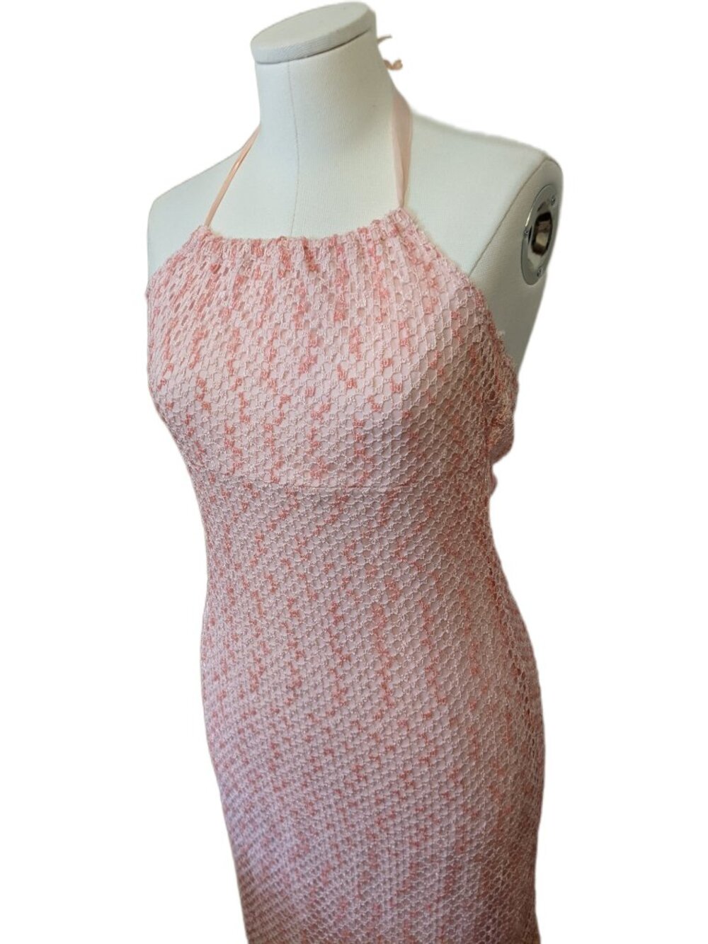 Vintage Y2K Pink Crochet Mesh Overlay Halter Bodycon Midi Dress Fairy Coquette S - Picture 3 of 9